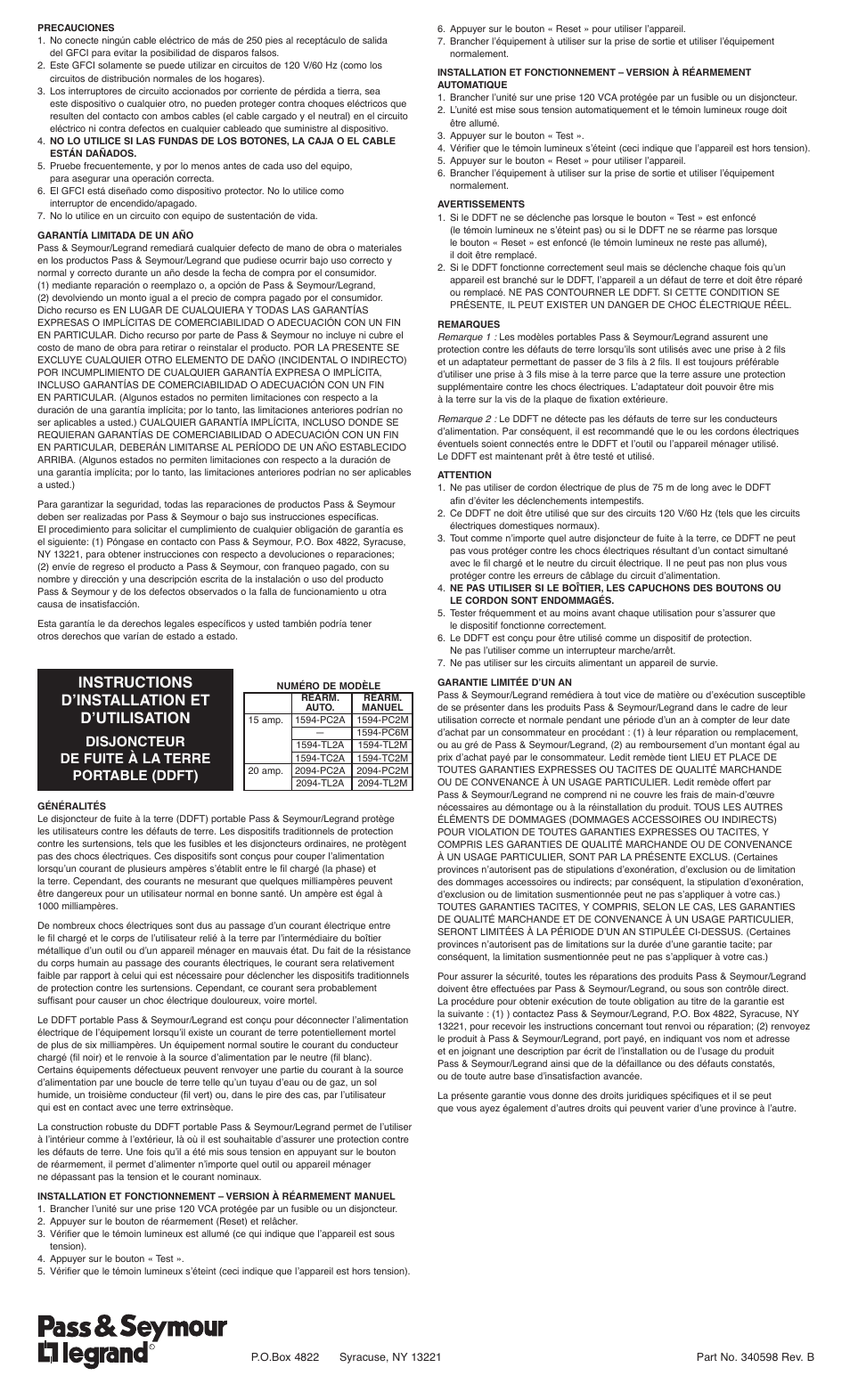 Instructions d’installation et d’utilisation, Disjoncteur de fuite à la terre portable (ddft) | Legrand 1594PC6M User Manual | Page 2 / 2