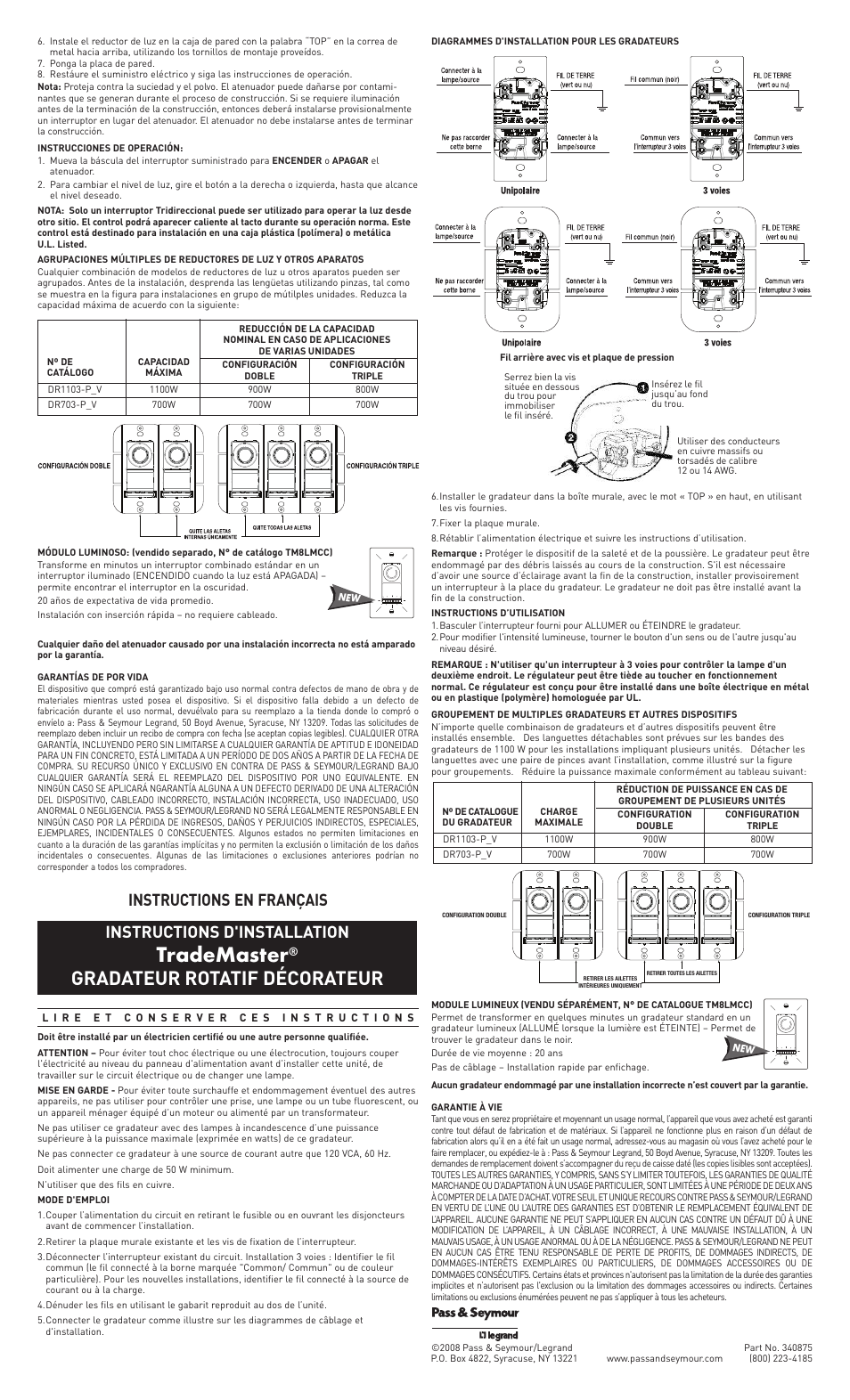 Trademaster, Gradateur rotatif décorateur, Instructions en français | Instructions d'installation | Legrand DR1103PV User Manual | Page 2 / 2