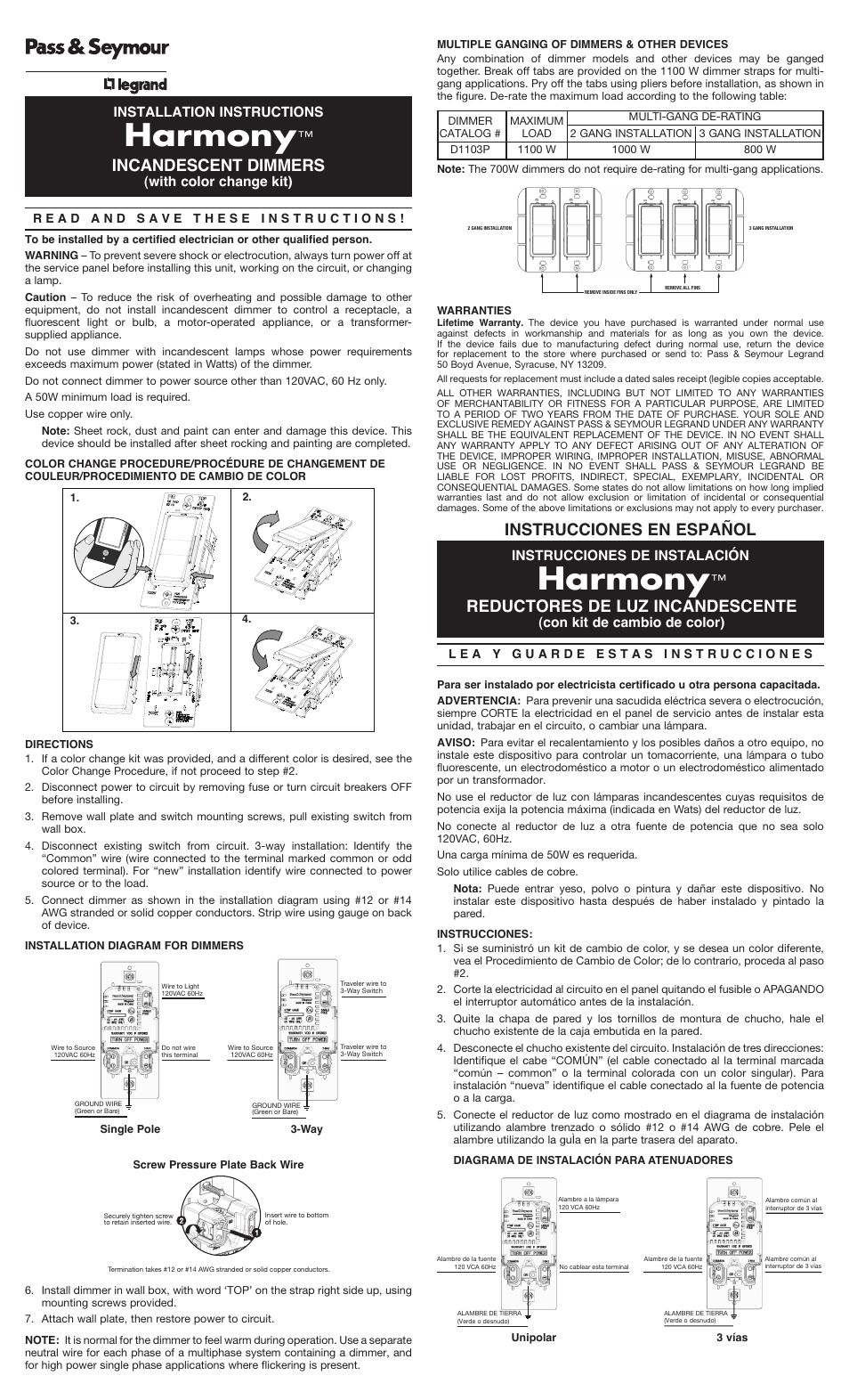 Legrand H703PTC User Manual | 2 pages