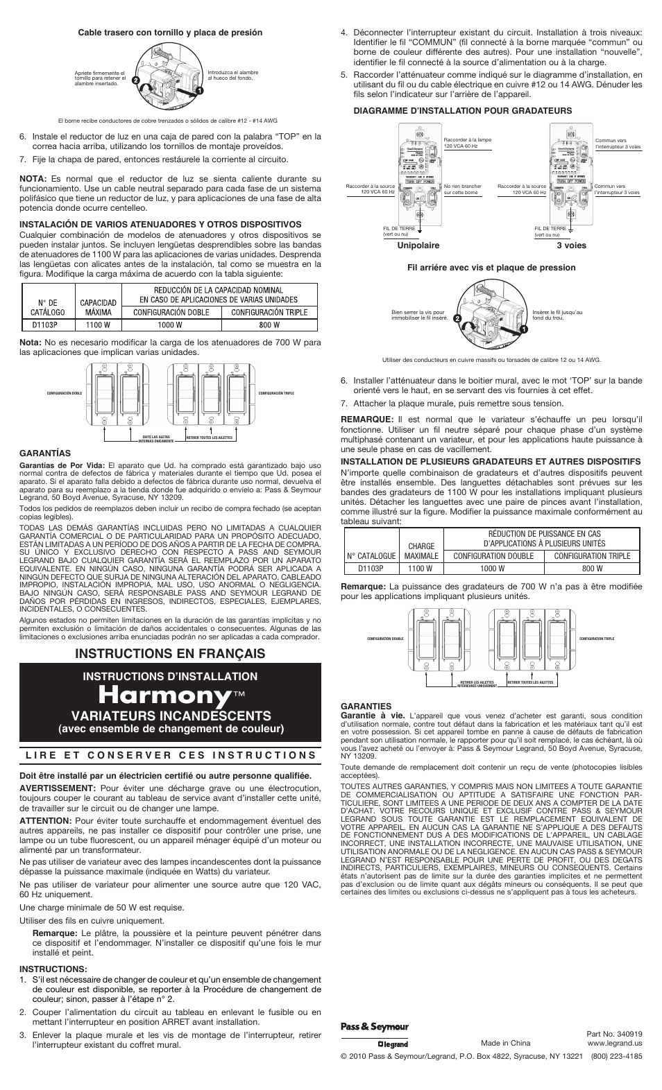 Harmony, Instructions en français, Variateurs incandescents | Instructions d’installation, Avec ensemble de changement de couleur) | Legrand H703PTC User Manual | Page 2 / 2