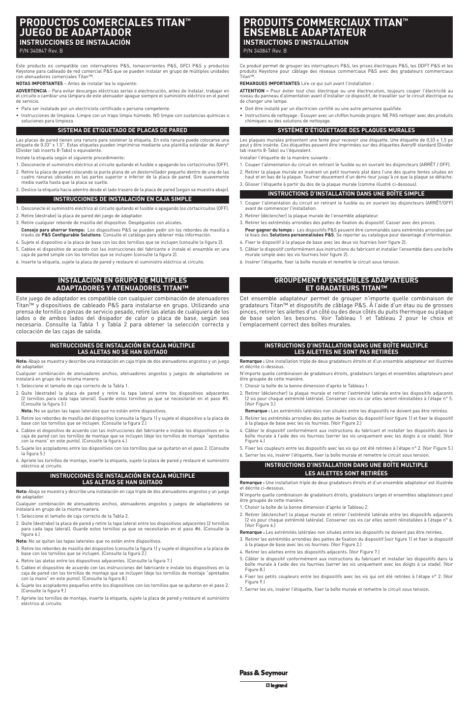 Productos comerciales titan, Juego de adaptador, Produits commerciaux titan | Ensemble adaptateur, Instrucciones de instalación, Instructions d’installation | Legrand CDADAPTORKITBK User Manual | Page 2 / 2