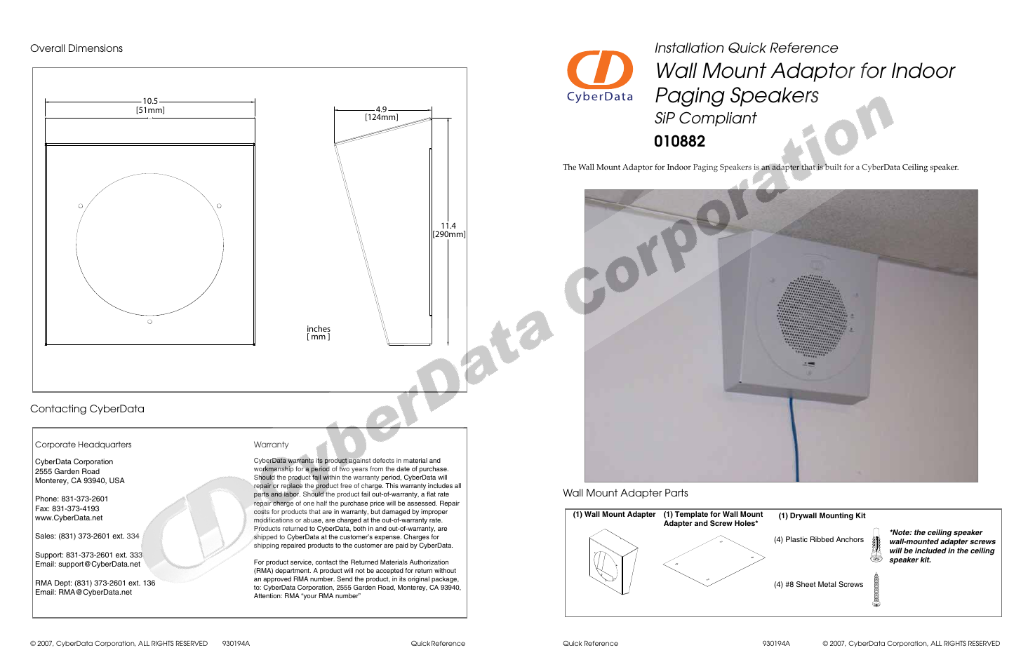 CyberData Wall Mount Adaptor 010882 User Manual | 2 pages