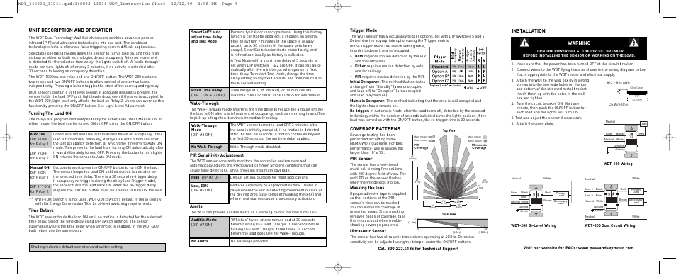 Coverage patterns, Unit description and operation, Installation | Warning, Pir sensor, Masking the lens, Ultrasonic sensor, Trigger mode, Alerts, Pir sensitivity adjustment | Legrand WDT100 User Manual | Page 2 / 3