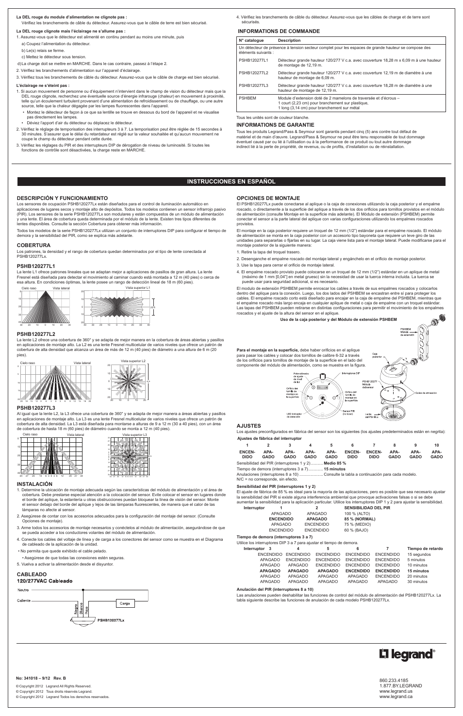 Instrucciones en español, Informations de commande, Informations de garantie | Descripción y funcionamiento, Cobertura, Instalación, Cableado opciones de montaje, Ajustes | Legrand PSHB120277L3 User Manual | Page 3 / 4