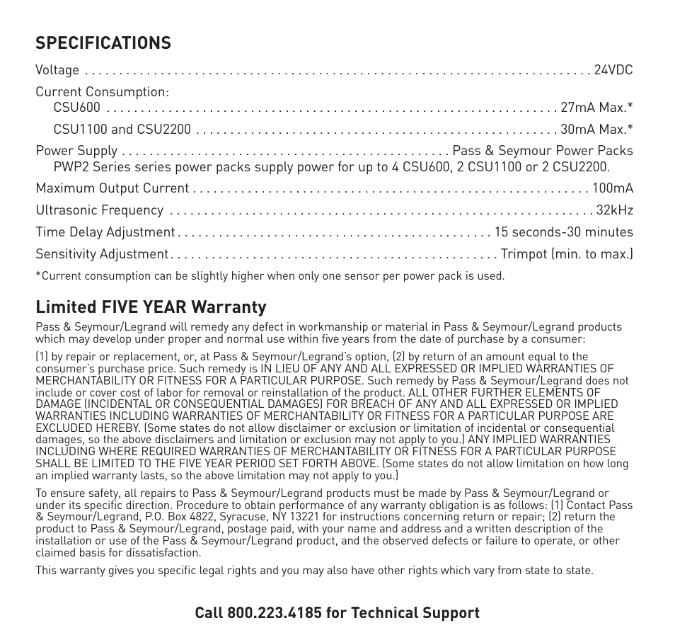 Specifications, Limited five year warranty | Legrand CSU Series 32 kHz User Manual | Page 11 / 12