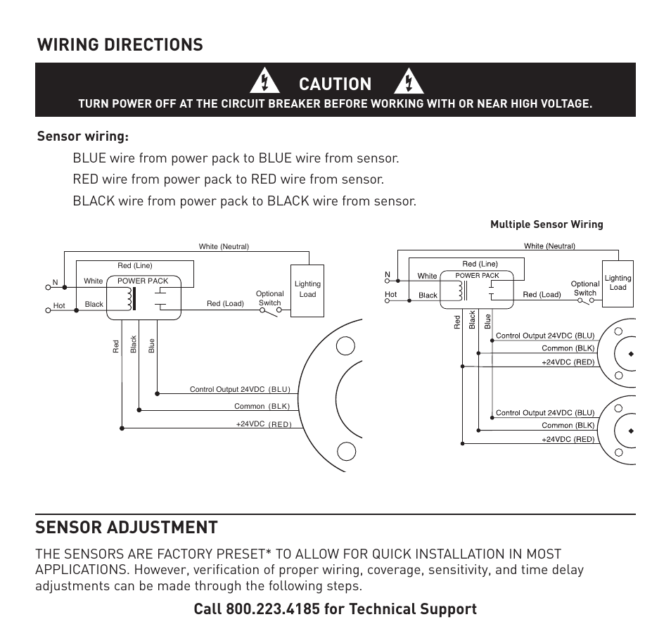 Wiring directions, Caution, Sensor adjustment | Legrand CSU Series 32 kHz User Manual | Page 5 / 12