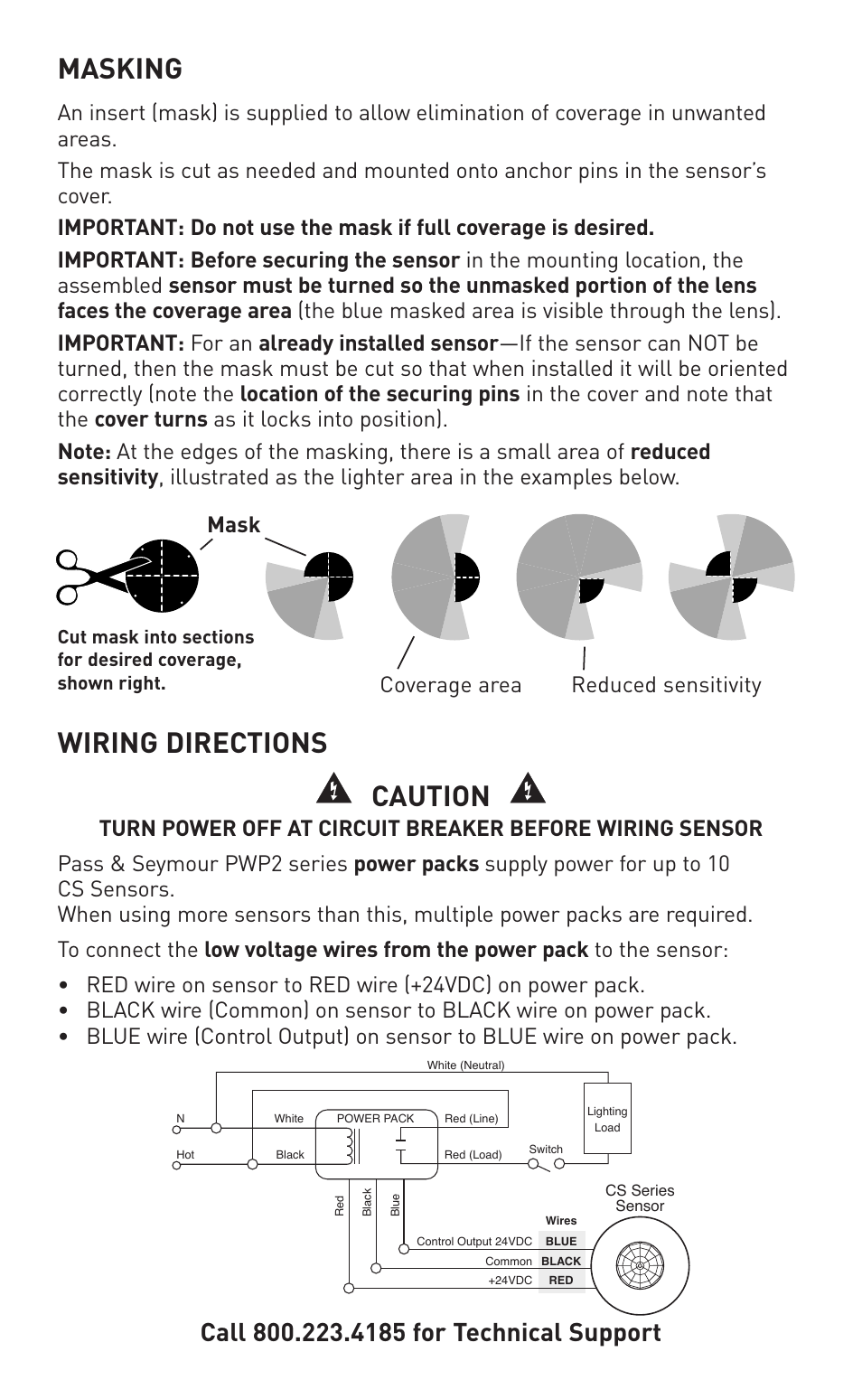 Masking, Wiring directions caution, Mask reduced sensitivity coverage area | Legrand CS Series 360° PIR User Manual | Page 5 / 8