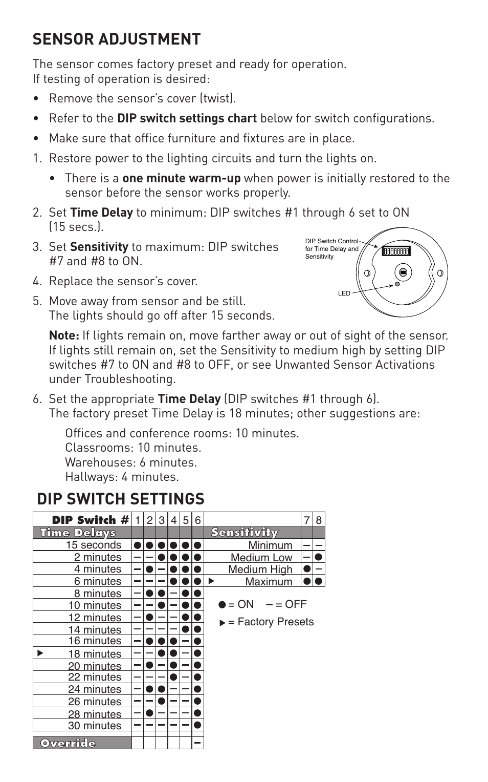 Sensor adjustment, Dip switch settings | Legrand CS Series 360° PIR User Manual | Page 6 / 8