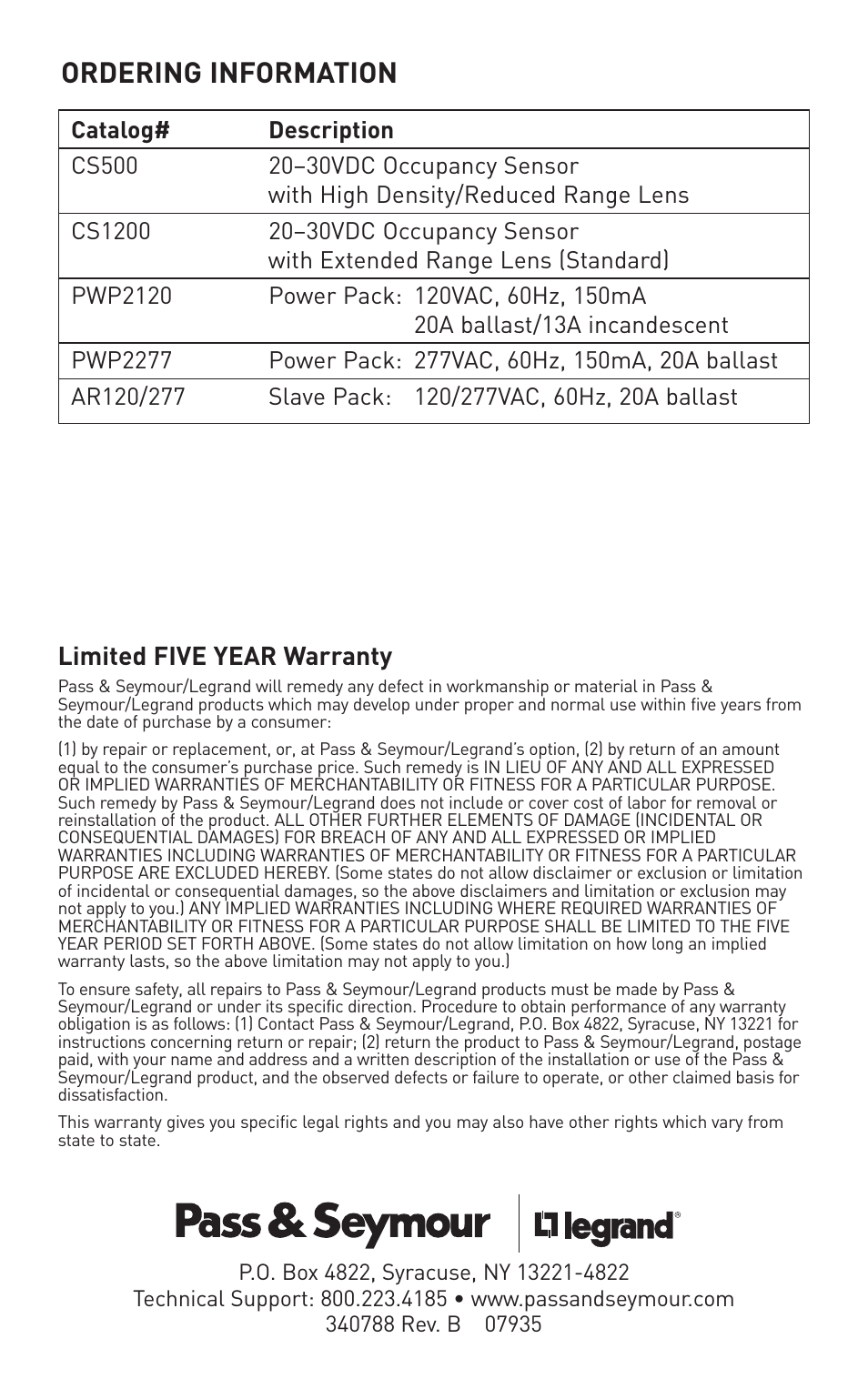 Ordering information, Limited five year warranty | Legrand CS Series 360° PIR User Manual | Page 8 / 8