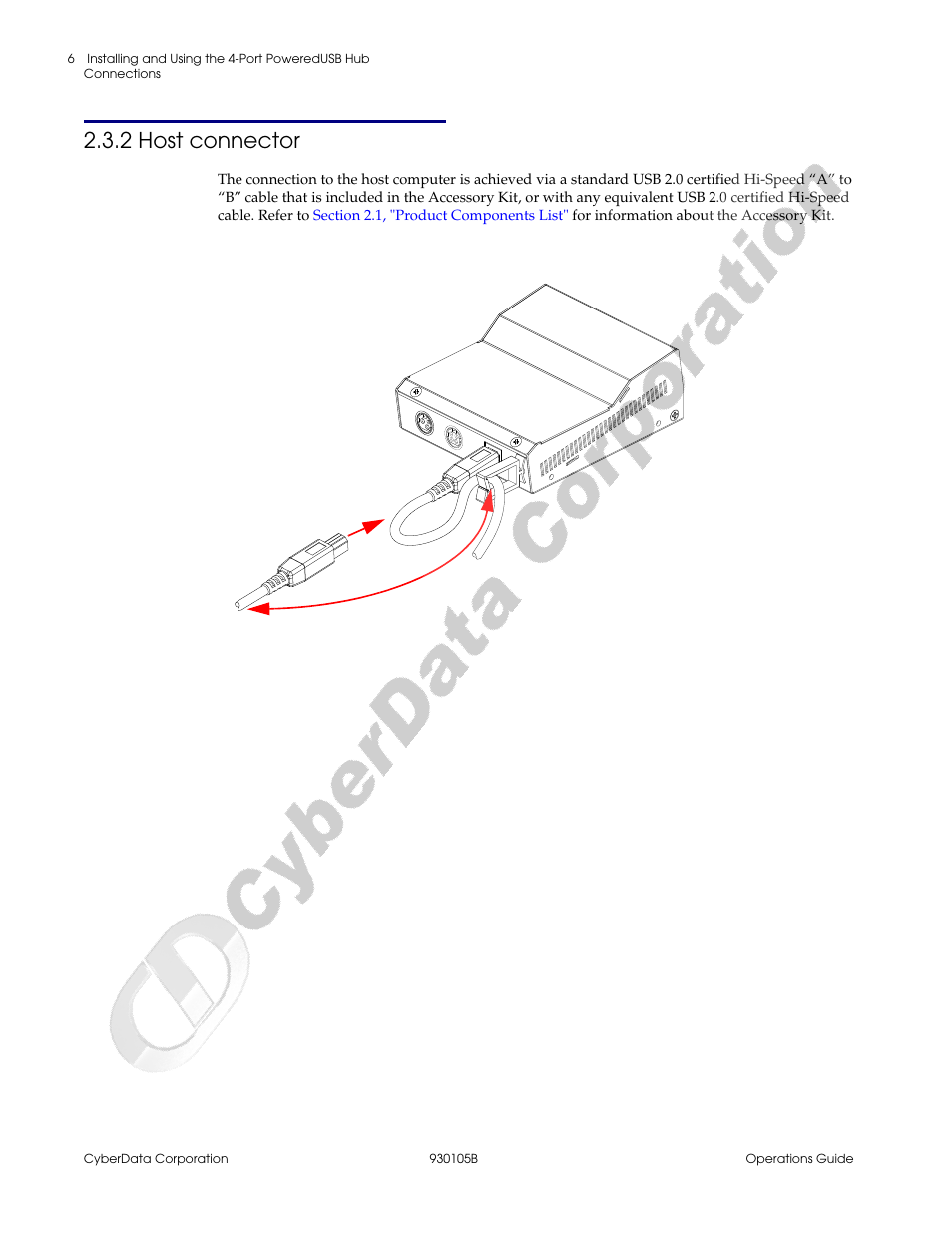 2 host connector | CyberData 4-Port Powered USB 2.0 Hub 010845 User Manual | Page 10 / 24