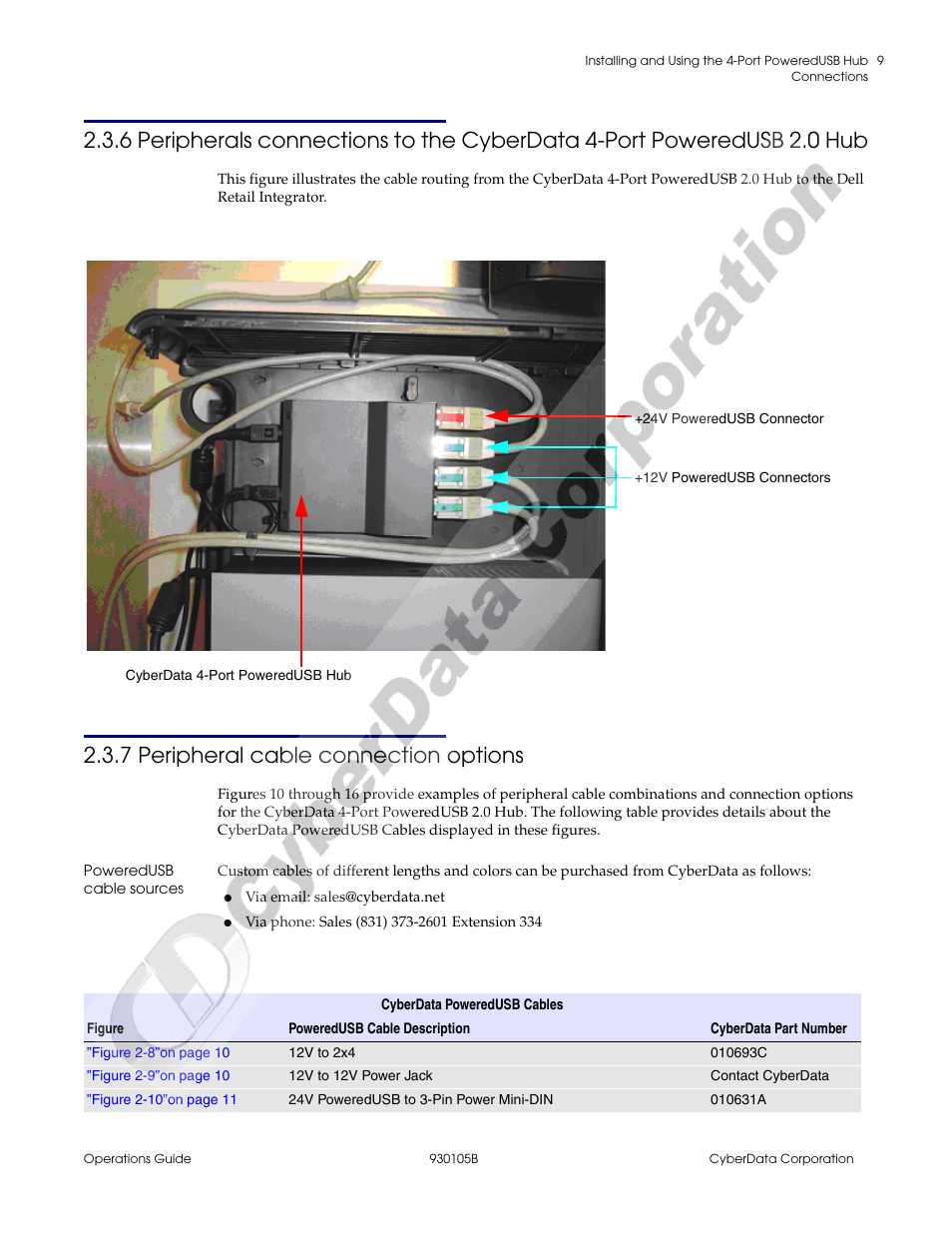 7 peripheral cable connection options, Poweredusb cable sources | CyberData 4-Port Powered USB 2.0 Hub 010845 User Manual | Page 13 / 24