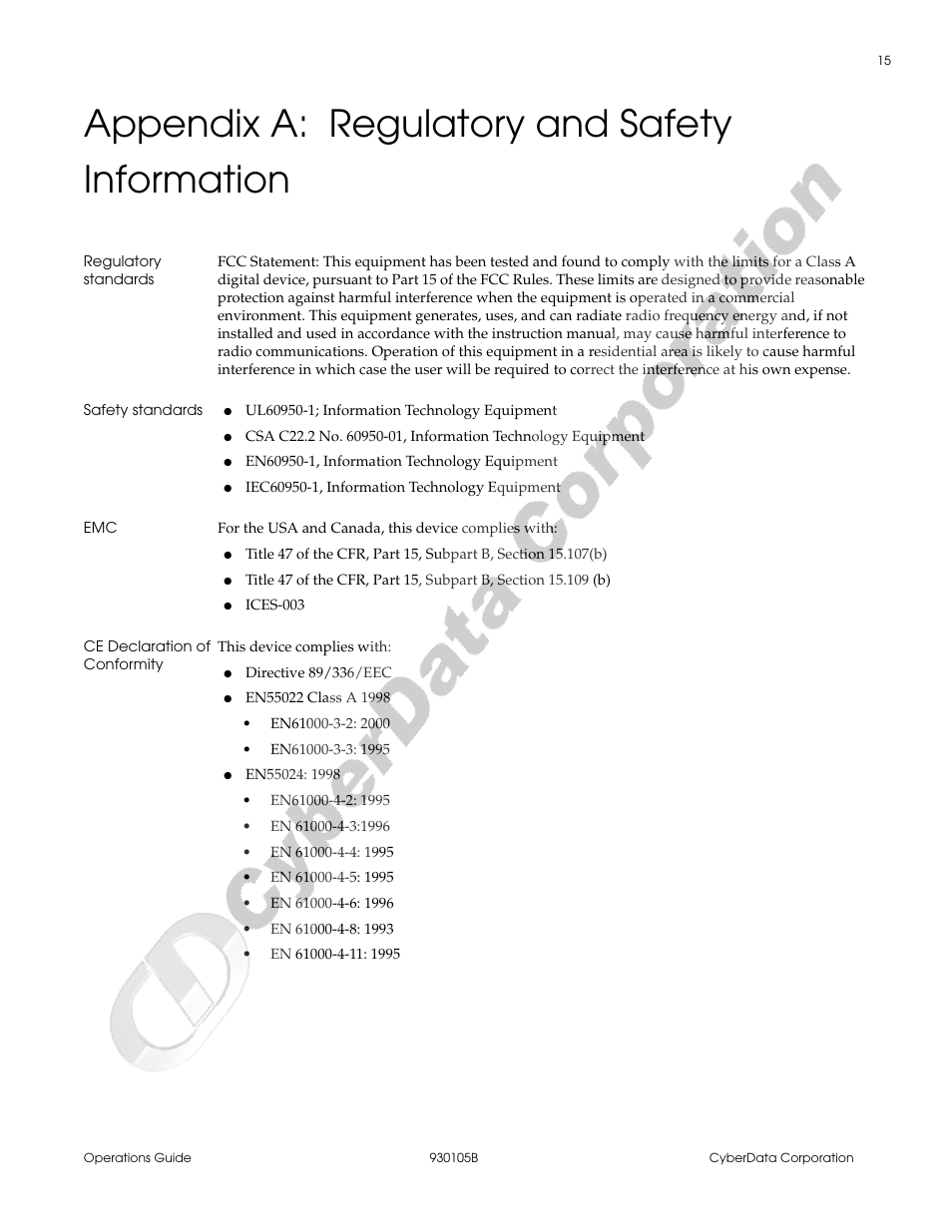 Regulatory standards, Safety standards, Ce declaration of conformity | Appendix a regulatory and safety information, Appendix a: regulatory and safety information | CyberData 4-Port Powered USB 2.0 Hub 010845 User Manual | Page 19 / 24