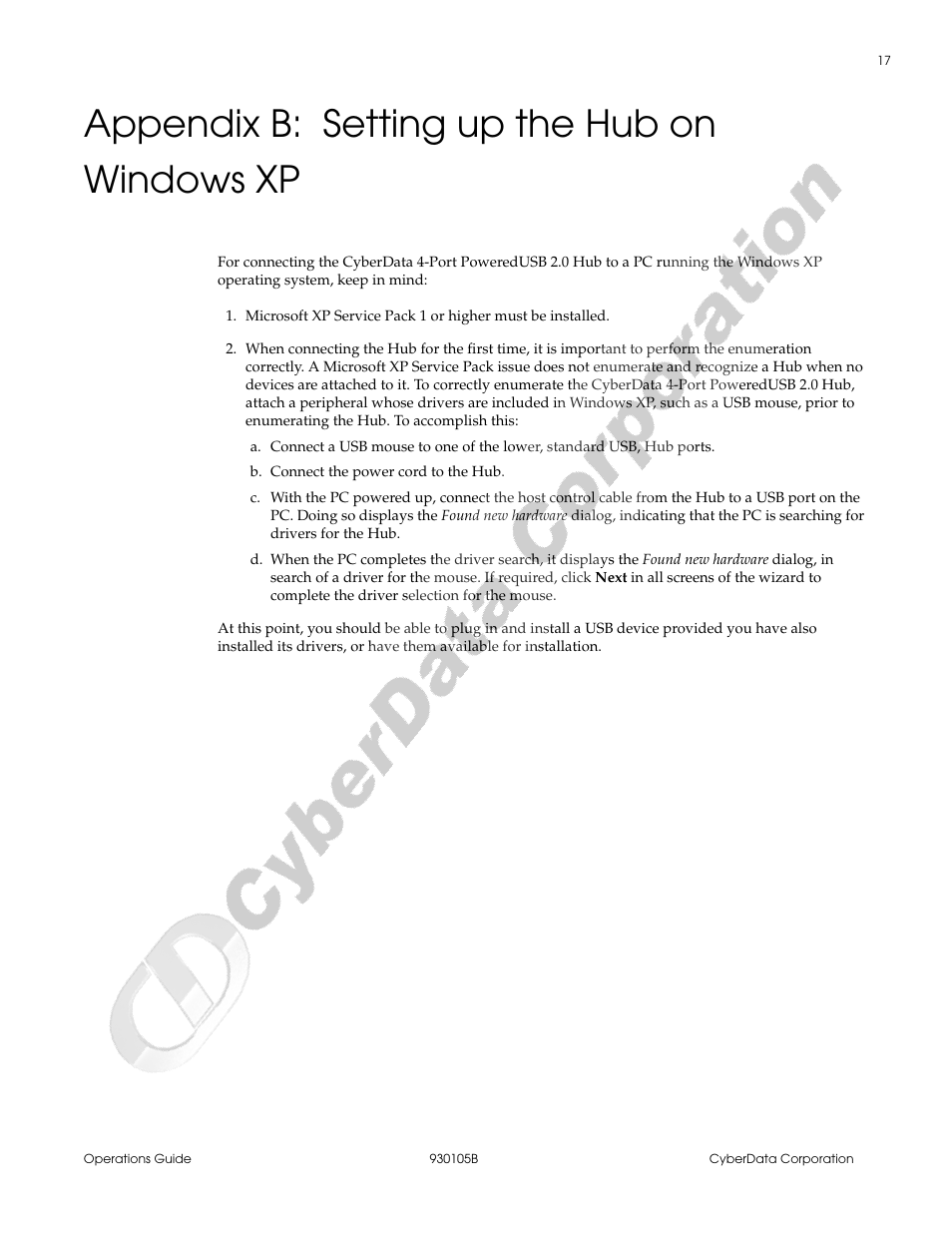 Appendix b setting up the hub on windows xp, Appendix b: setting up the hub on windows xp | CyberData 4-Port Powered USB 2.0 Hub 010845 User Manual | Page 21 / 24