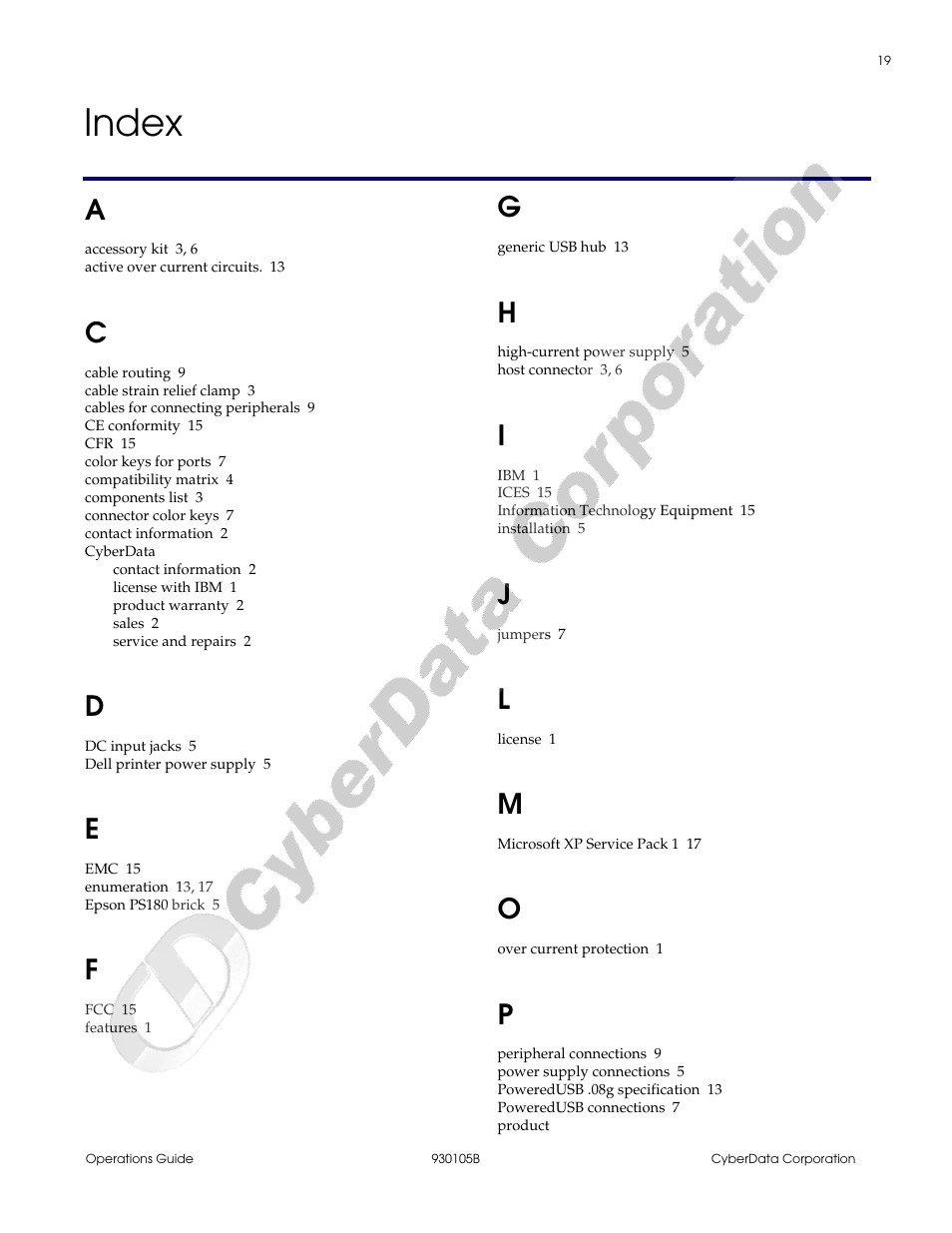 Index, Index 19 | CyberData 4-Port Powered USB 2.0 Hub 010845 User Manual | Page 23 / 24