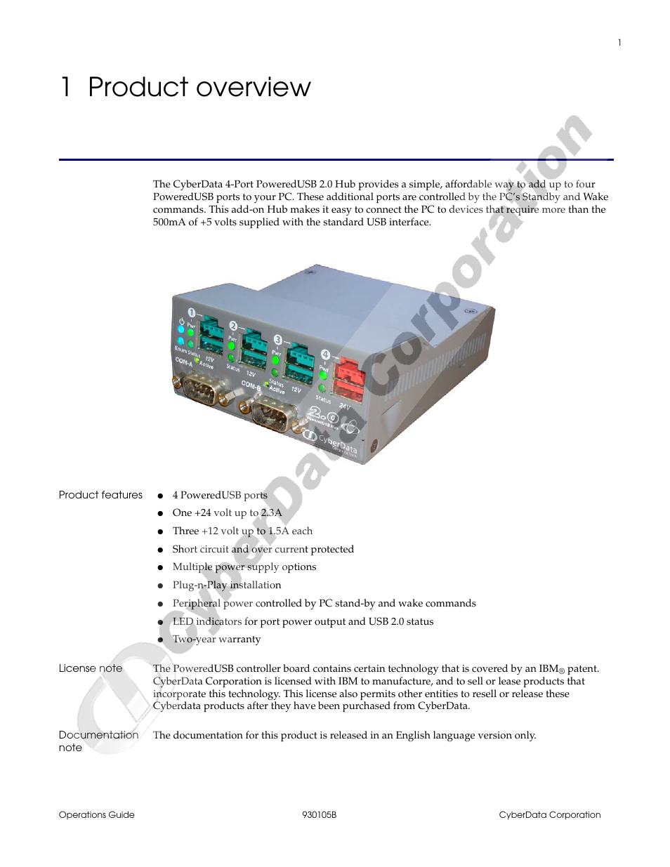 1 product overview, Product features, License note | Documentation note, Chapter 1 product overview | CyberData 4-Port Powered USB 2.0 Hub 010845 User Manual | Page 5 / 24