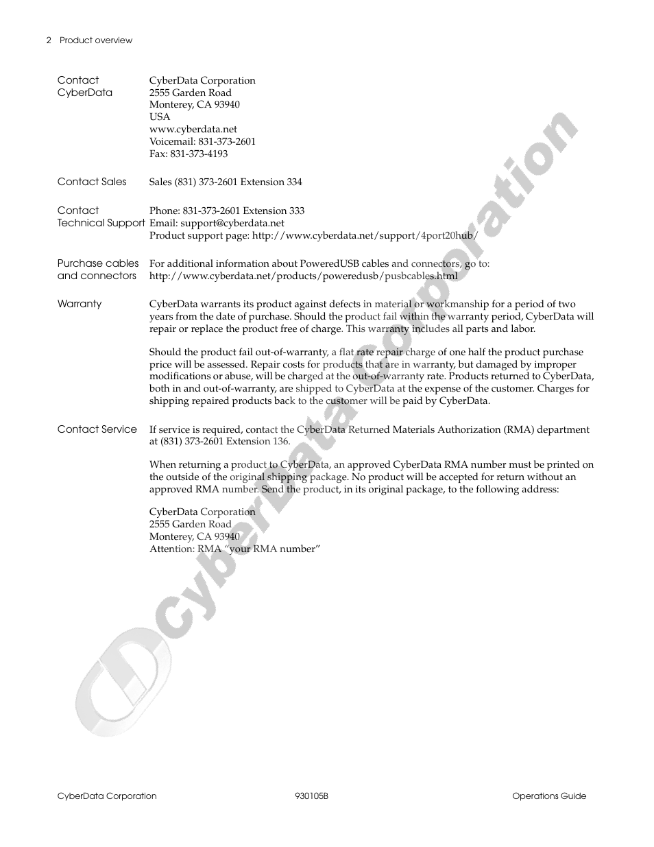 Contact cyberdata, Contact sales, Contact technical support | Purchase cables and connectors, Warranty, Contact service | CyberData 4-Port Powered USB 2.0 Hub 010845 User Manual | Page 6 / 24