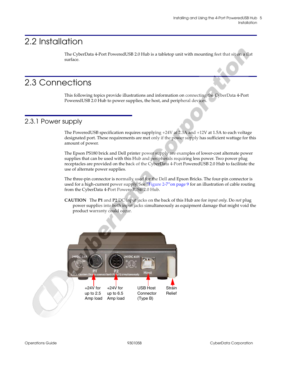 2 installation, 3 connections, 1 power supply | 2 installation 2.3 connections | CyberData 4-Port Powered USB 2.0 Hub 010845 User Manual | Page 9 / 24