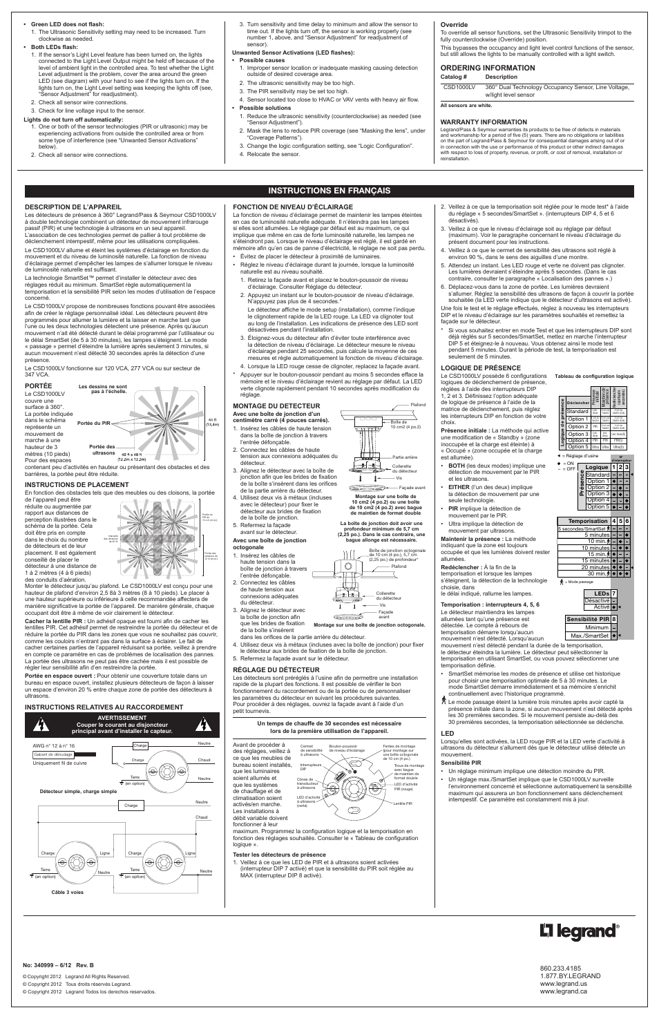 Instructions en français | Legrand CSD1000LV User Manual | Page 2 / 4