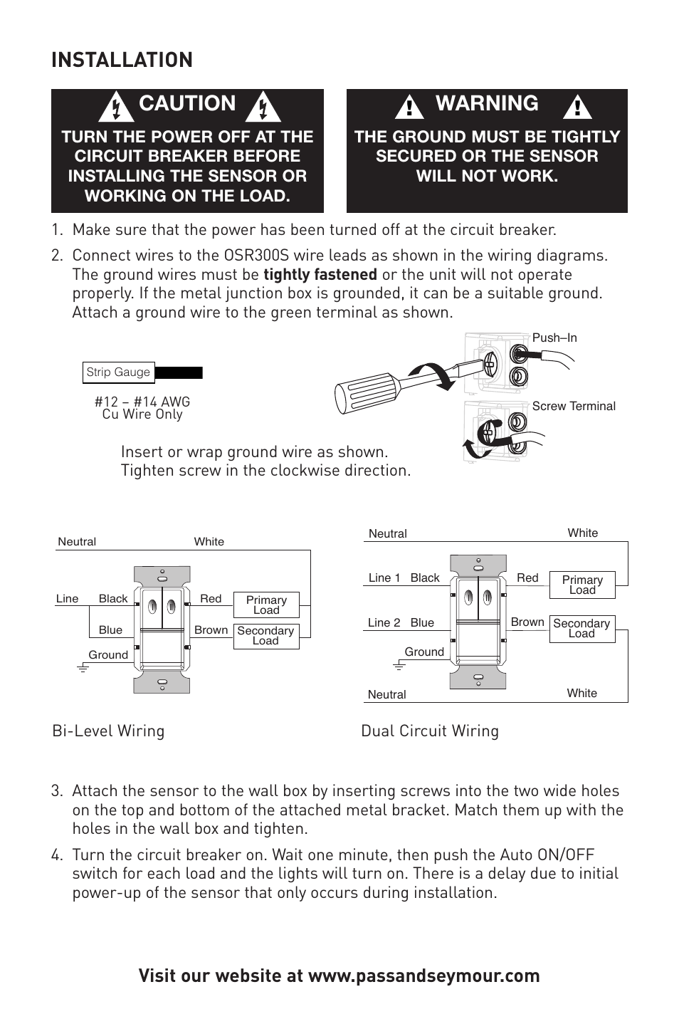 Installation, Caution, Warning | Legrand OSR300S 120/277VAC User Manual | Page 5 / 8