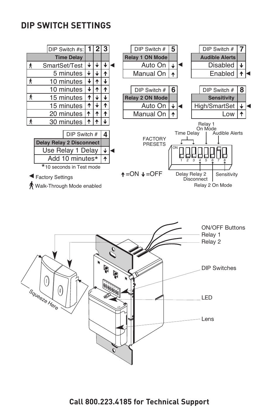 Dip switch settings, Auto on manual on, 10 minutes | Use relay 1 delay add 10 minutes, Disabled enabled | Legrand OSR300S 120/277VAC User Manual | Page 6 / 8