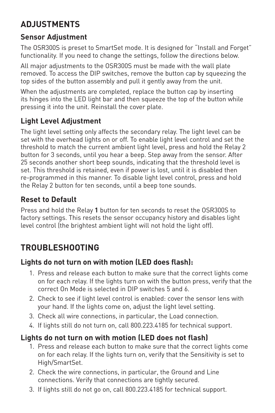 Troubleshooting, Adjustments | Legrand OSR300S 120/277VAC User Manual | Page 7 / 8