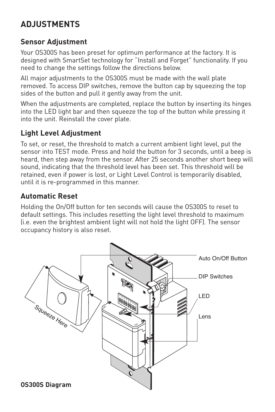 Adjustments, Sensor adjustment, Light level adjustment | Automatic reset, Os300s diagram | Legrand OS300S 120/277VAC User Manual | Page 7 / 8