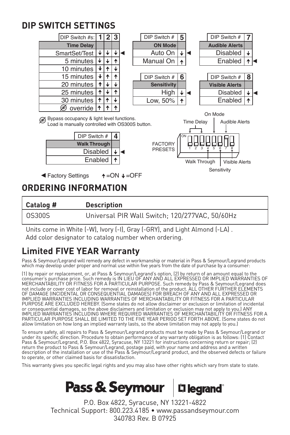 Dip switch settings ordering information, Limited five year warranty | Legrand OS300S 120/277VAC User Manual | Page 8 / 8