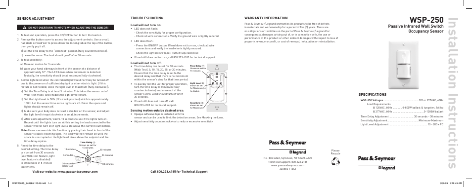 Legrand WSP-250 User Manual | 2 pages