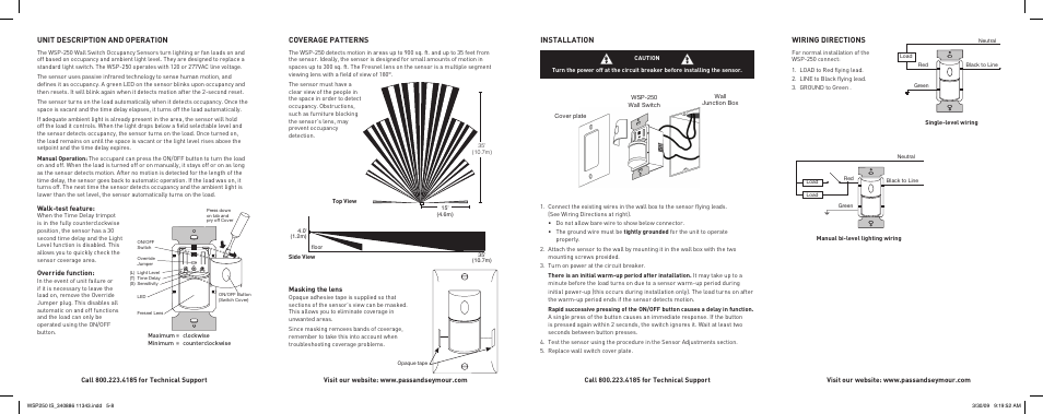 Unit description and operation, Coverage patterns, Installation | Wiring directions | Legrand WSP-250 User Manual | Page 2 / 2