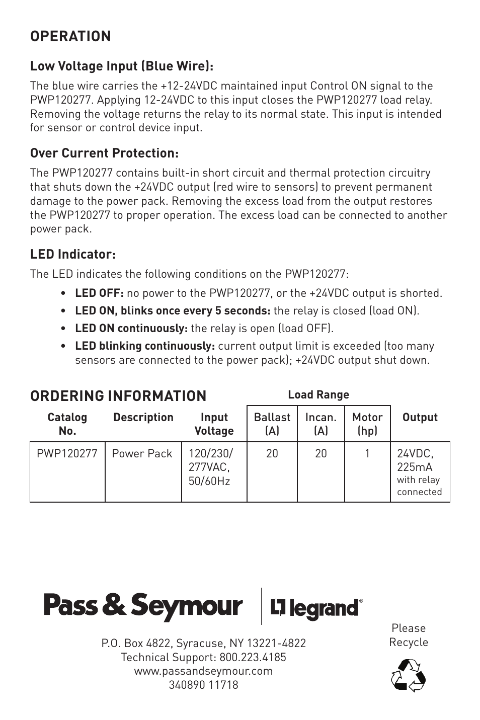 Operation, Ordering information | Legrand PWP120277 User Manual | Page 4 / 4