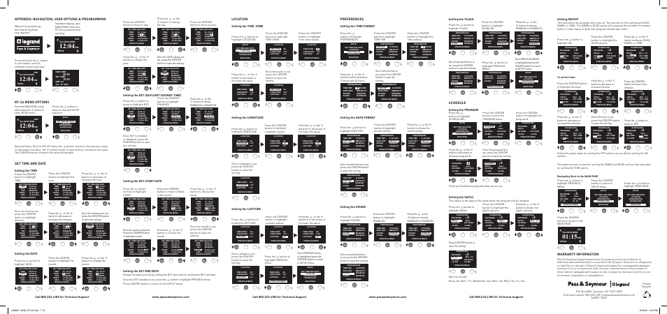 Warranty information, Appendix: navigation, user options & programming, Rt-24 menu options | Set time and date, Location, Preferences, Schedule, Setting the time, Setting the date, Setting the dst (daylight savings time) | Legrand RT-24 User Manual | Page 2 / 3