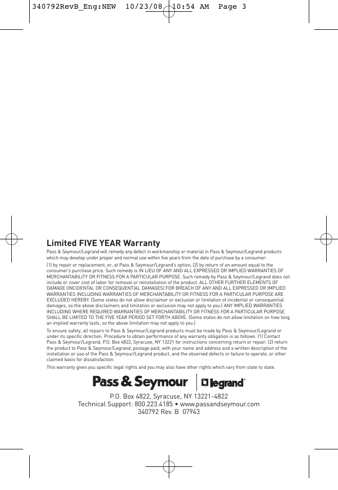 Limited five year warranty | Legrand RT1 User Manual | Page 2 / 7