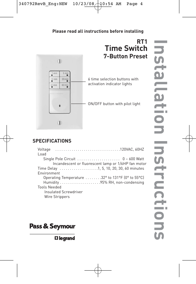 Ins tallation ins tructions, Time switch | Legrand RT1 User Manual | Page 3 / 7