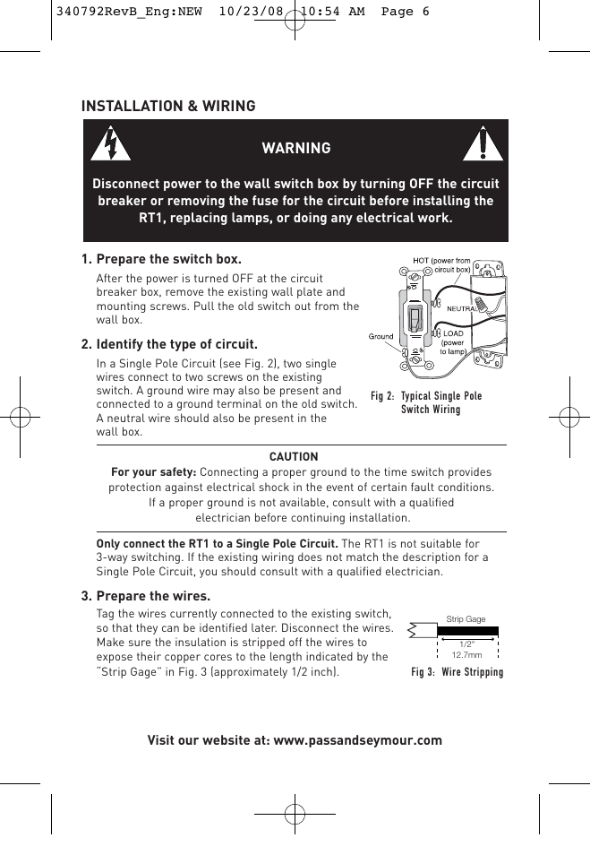 Installation & wiring, Warning | Legrand RT1 User Manual | Page 5 / 7