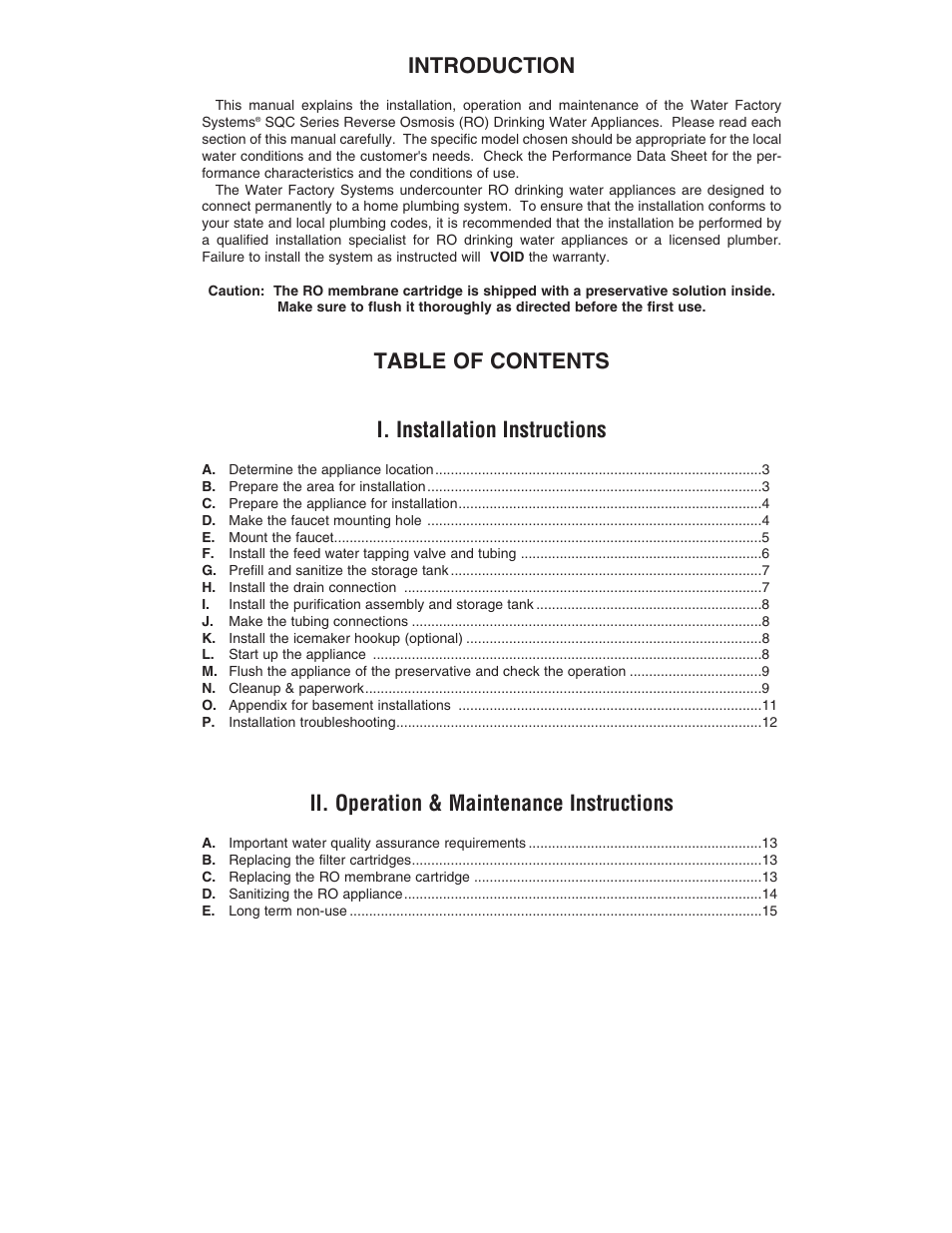 Introduction, Table of contents i. installation instructions, Ii. operation & maintenance instructions | Cuno SQC Series User Manual | Page 2 / 17