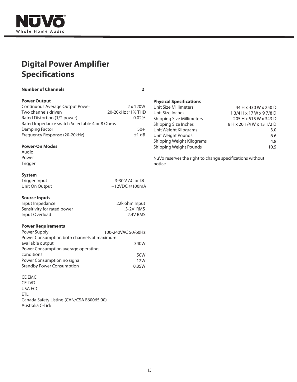 Digital power amplifier specifications | Legrand NV-D2120 User Manual | Page 15 / 16