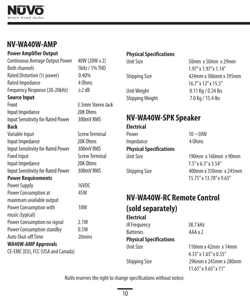 Secifications, Nv-wa40w-spk speaker, Nv-wa40w-rc remote control (sold separately) | Nv-wa40w-amp | Legrand NV-WA40W User Manual | Page 11 / 16