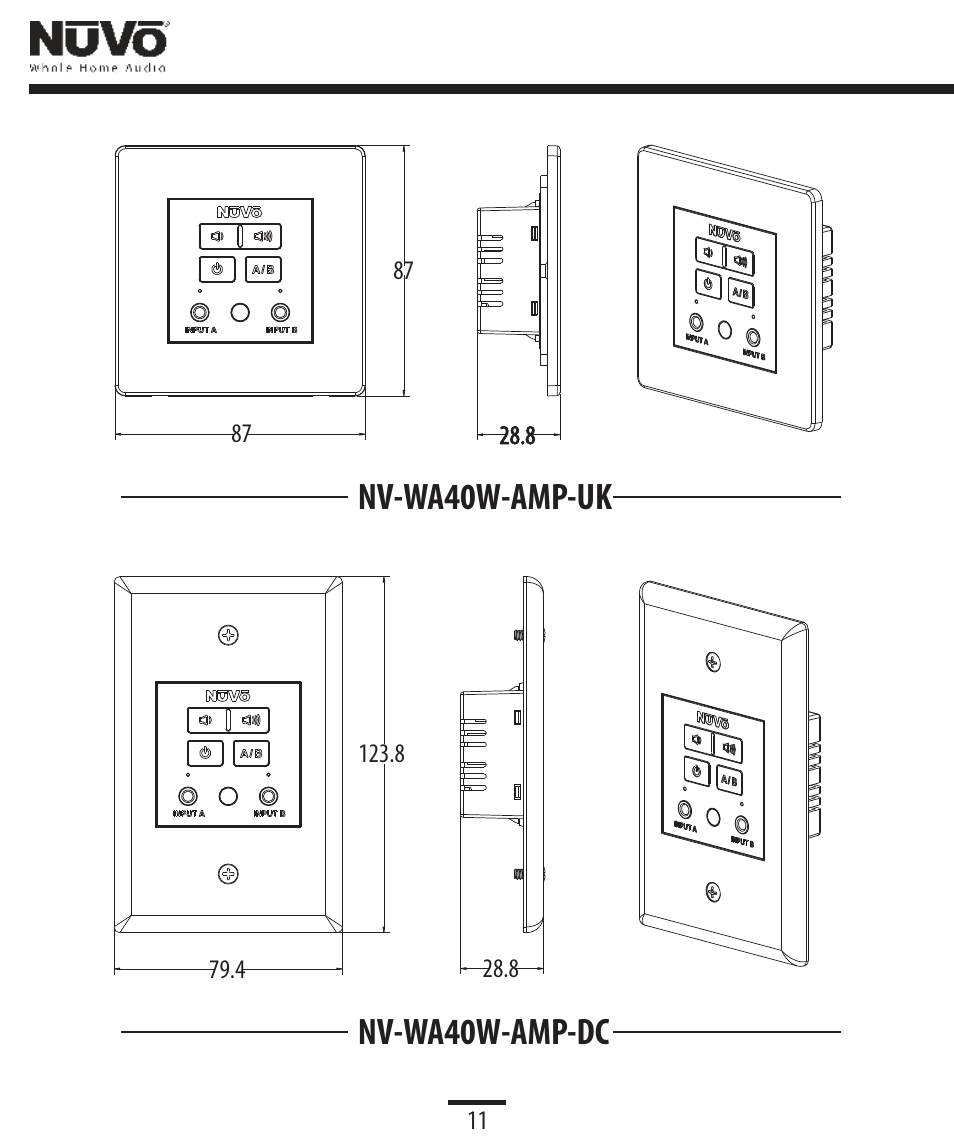 Line drawing, Nv-wa40w-amp-uk nv-wa40w-amp-dc | Legrand NV-WA40W User Manual | Page 12 / 16