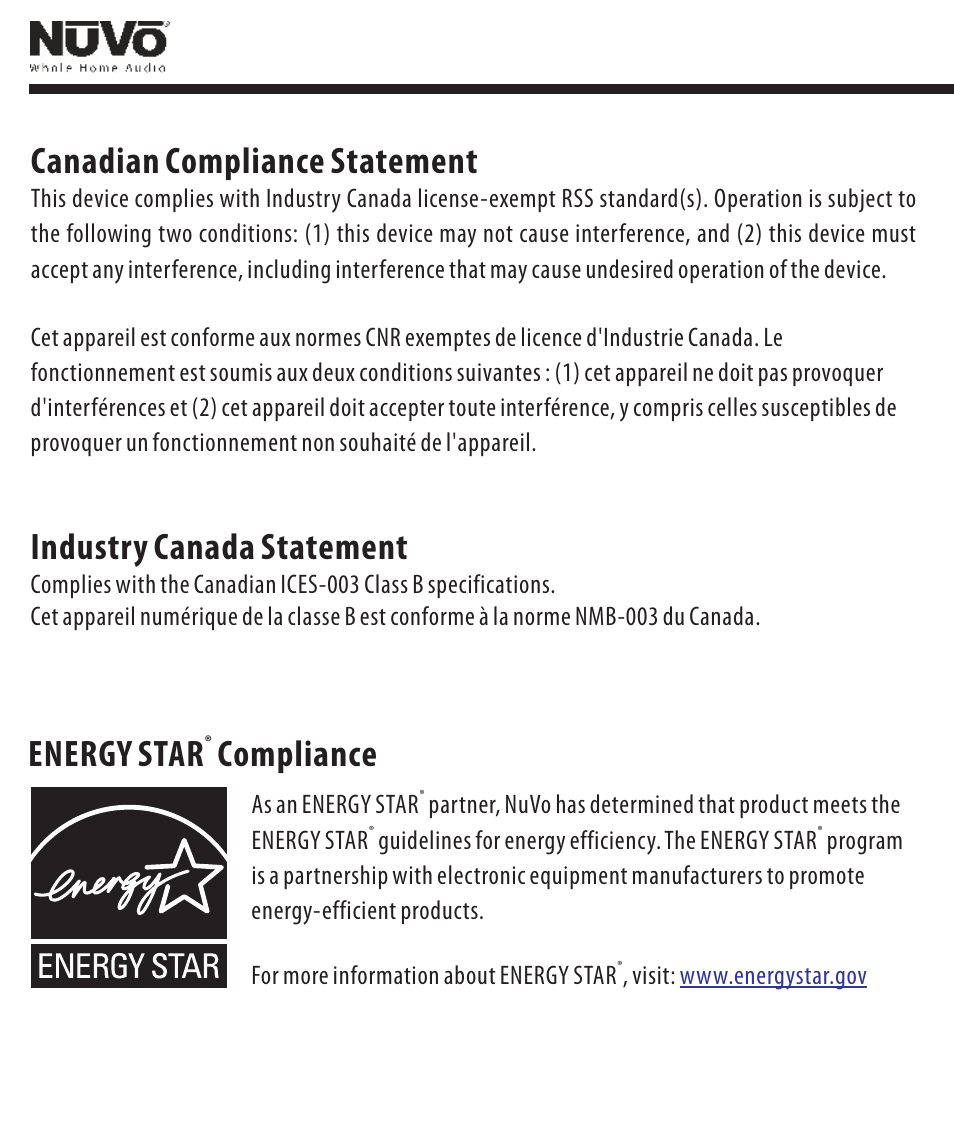 Industry canada statement, Canadian compliance statement, Energy star compliance | Legrand NV-WA40W User Manual | Page 15 / 16