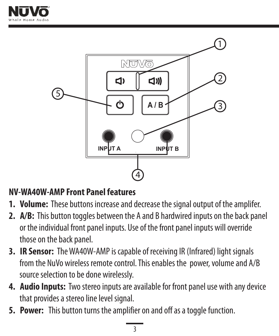 Front panel features | Legrand NV-WA40W User Manual | Page 4 / 16