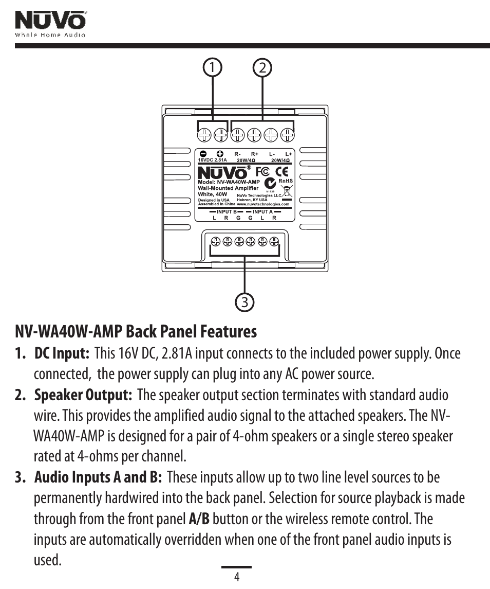 Back panel features, Nv-wa40w-amp back panel features | Legrand NV-WA40W User Manual | Page 5 / 16