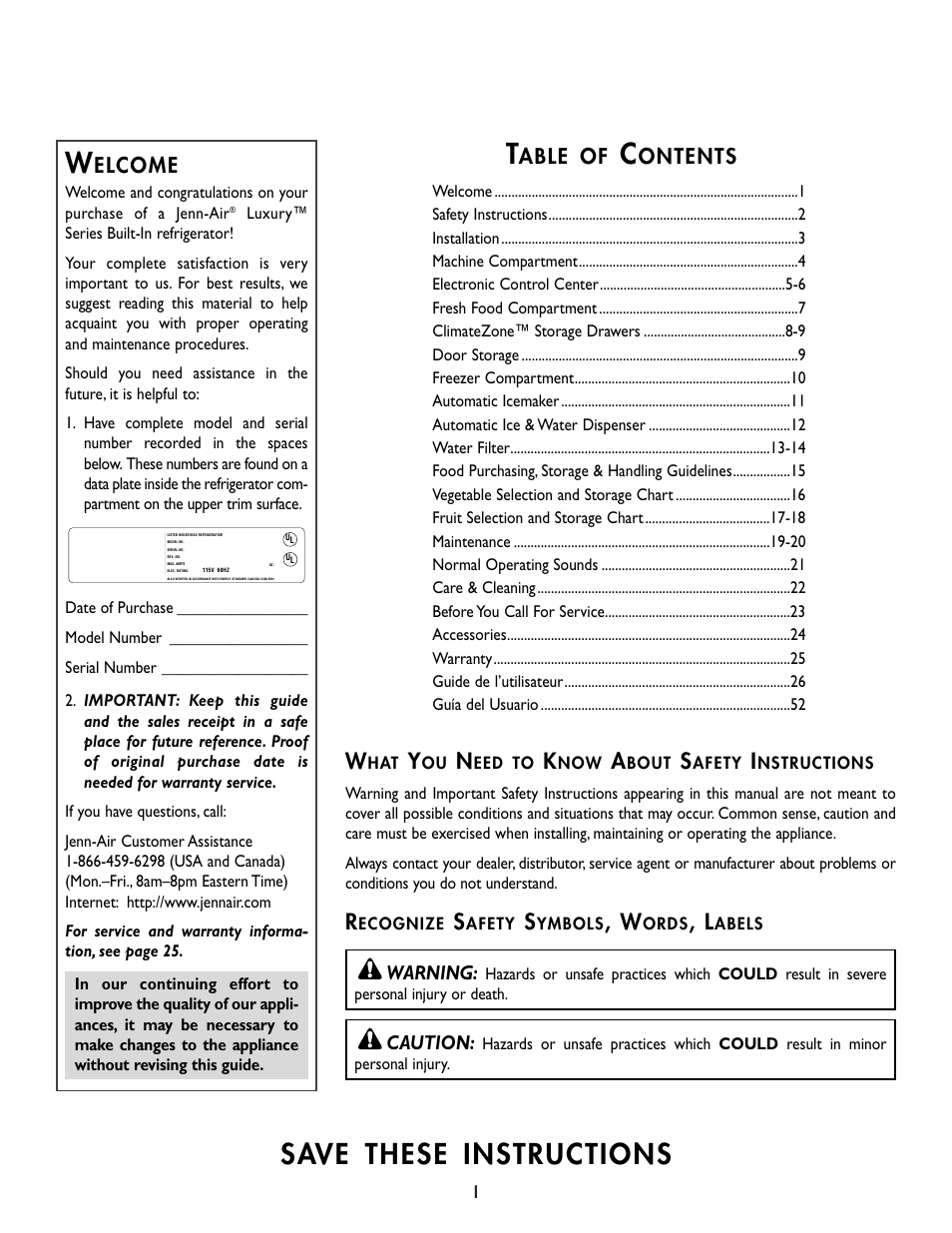 Save these instructions, Elcome, Able of | Ontents, Warning, Caution | Cuno 111405-1 User Manual | Page 2 / 80