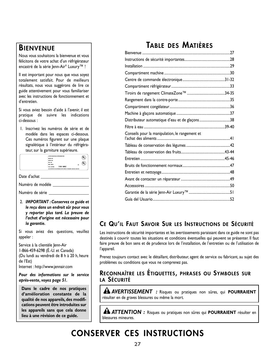 Conserver ces instructions, Ienvenue, Able des | Atières, Avertissement, Attention | Cuno 111405-1 User Manual | Page 28 / 80