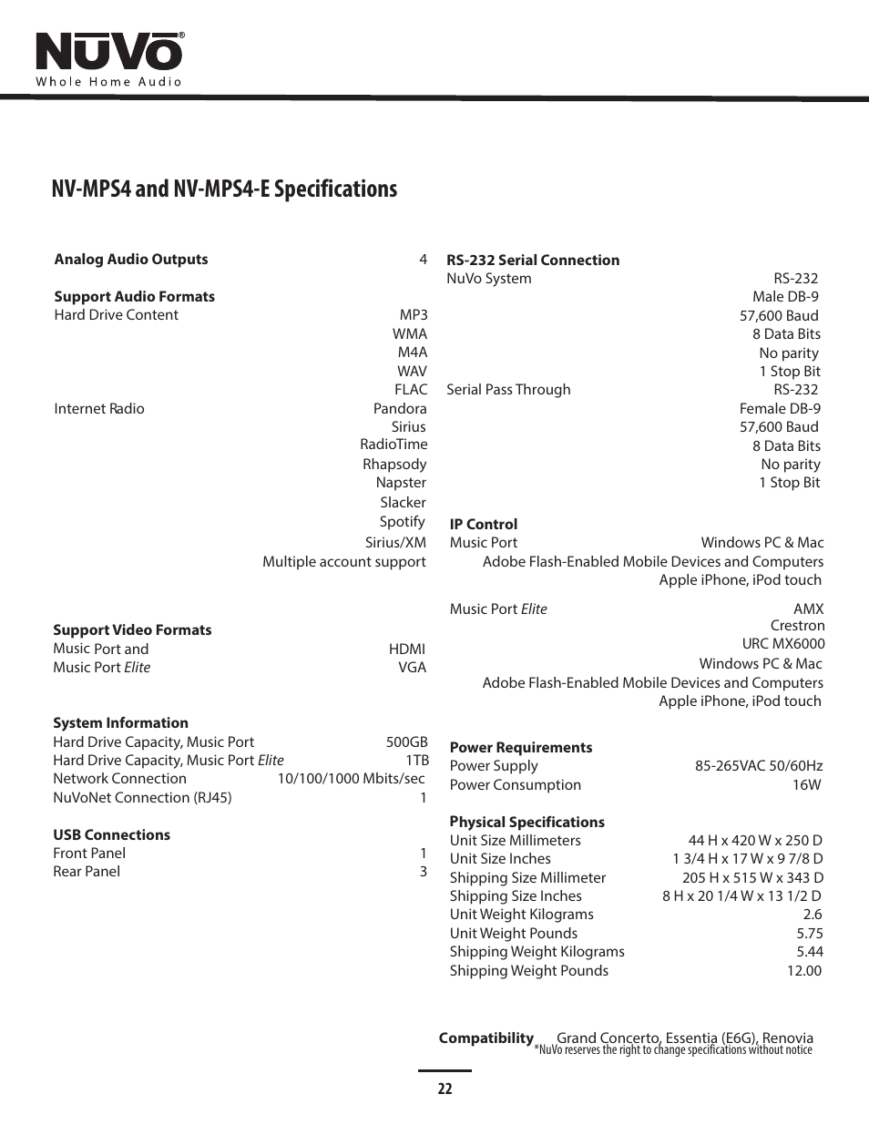 Specs, Nv-mps4 and nv-mps4-e specifications | Legrand NV-MPS4V2 User Manual | Page 26 / 28