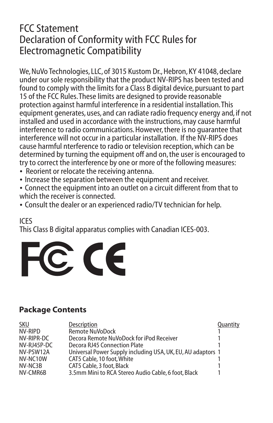 Fcc/package contents | Legrand NV-RIPS User Manual | Page 2 / 6