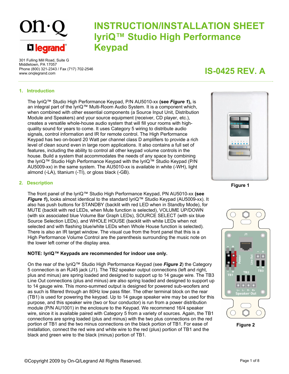 Legrand AU5010-XX User Manual | 8 pages