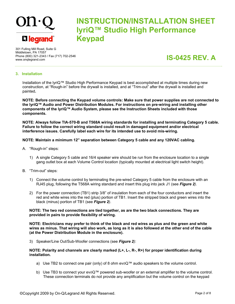 Is-0425 rev. a | Legrand AU5010-XX User Manual | Page 2 / 8