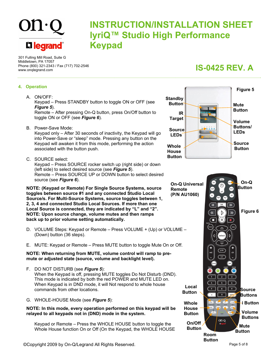 Is-0425 rev. a | Legrand AU5010-XX User Manual | Page 5 / 8