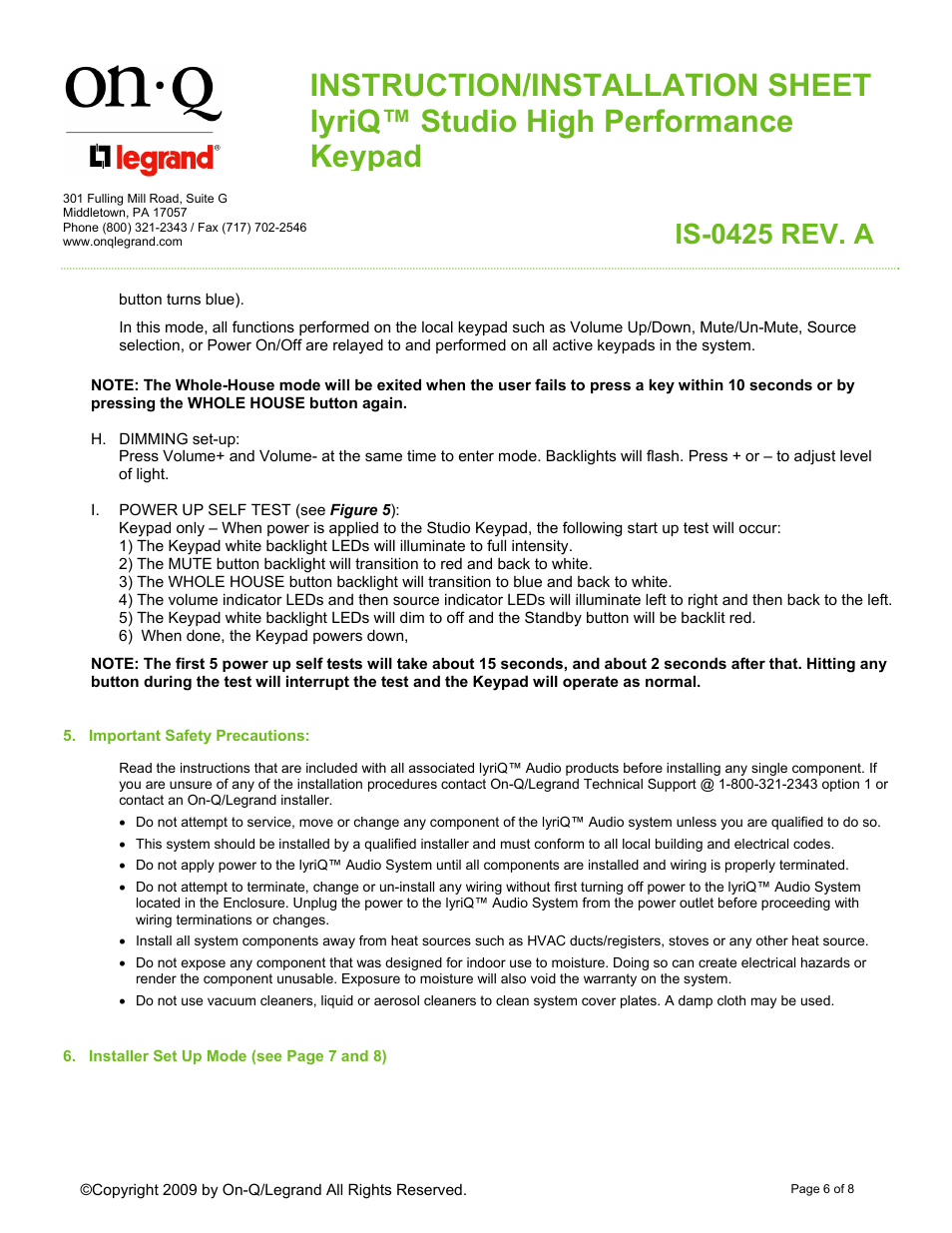 Is-0425 rev. a | Legrand AU5010-XX User Manual | Page 6 / 8