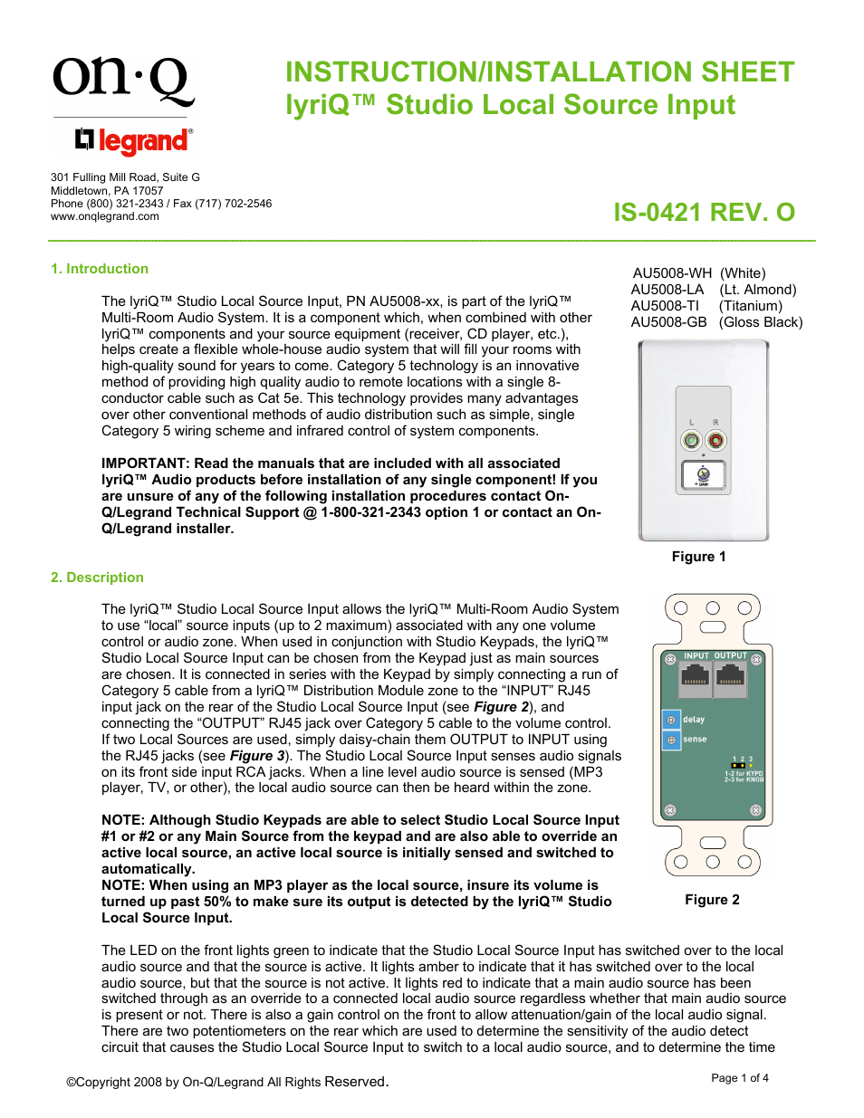 Legrand AU5008-XX User Manual | 4 pages